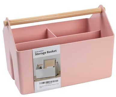 BLUE GINKGO Medium Storage Basket – Plastic Caddy with Wooden Handle for Office, Arts & Crafts, or Home Supplies (Pink)