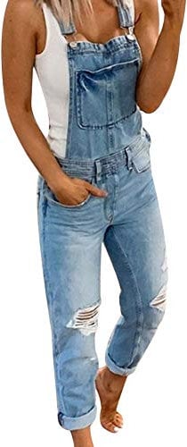 Tidecc Women Denim Dungaree Jumpsuit Ripped Distressed Long Pants Jeans Dungarees Overalls 3 Colors