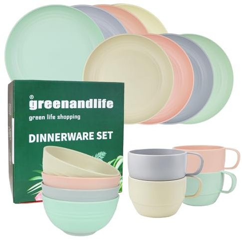 greenandlife 16 Pcs Plastic Dinnerware Set, Unbreakable Camping Plates and Bowls Set, Resuable Tableware for 4, Dinner Plate, Cereal Bowl, Cup, Dishwasher&Microwave Safe, Perfect for Kids, Adult