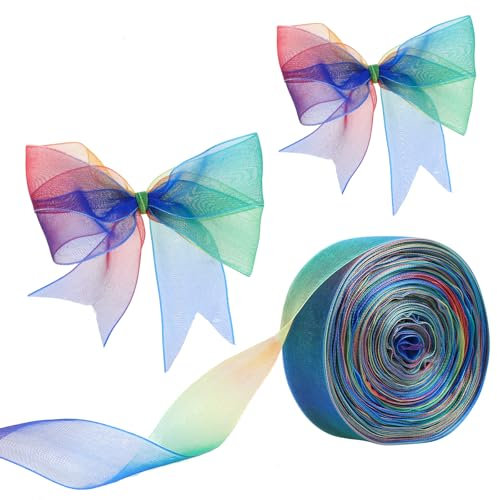 cobee 50 Yards Regenbogen Bänder, Organza Chiffon Band für Geschenkverpackungen, Regenbogen Satin Band für Geschenkverpackungen Hochzeit Party Dekoration 45M Organzaband 2.5CM