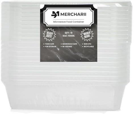 MERCHARII 10 × 500ml Plastic food containers with lids, Microwave, and freezer-safe, Heavy-duty, Rectangular, BPA-free, Reusable and Recyclable (500ml)