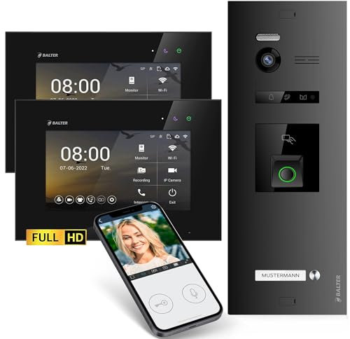 Balter EVO-HD Video Türsprechanlage mit Fingerprint, Video Türklingel, Smartphone App,1 Familienhaus, 2X 7 Zoll Monitore, Türklingel mit Kamera Full HD, 2 Draht Bus, 175° Weitwinkel, RFID,1080P