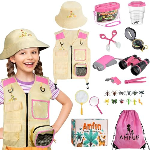 AMFUN Rosa Kit de Explorador de Exterior para niños, Lente de Aumento, Linterna, Mochila,prismáticos de Juguete para niños,