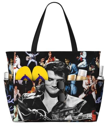 Gloriiward El*Vis Strandtasche Pre*Sley für Damen, wasserdicht, sanddicht, große Kapazität, Pooltasche, stilvolle Reißverschlusstasche, Einkaufstasche, Reisen, Schule, Fitnessstudio, Schwarz ,