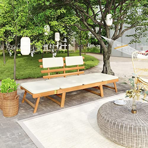 Iiaky Gartenbank mit Kissen Sitzbank Outdoor Balkon MöBel Garten Lounge Garten Sitzbank 2-in-1 190 cm Massivholz Akazie