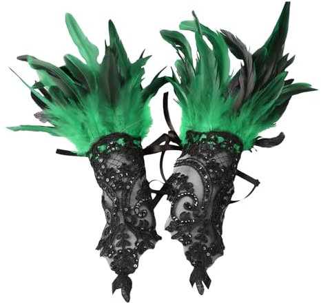 Lufdegim Damen Spitze Feder Fingerlose Handschuhe, Mesh Feder Lange handschuhe für Karneval, Halloween, Hochzeit Kostüm Zubehör (Grün, 36cm)