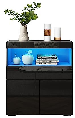 Ikewaier Sideboard für Wohnzimmer, Hochglanz Schwarz TV-Schrank mit 1 Schublade und 2 Türen, mit LED-Licht, Wohnzimmerschrank