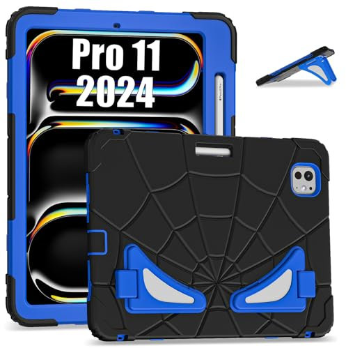 ANROD für iPad Pro 11 Zoll M4 2024 (A2836/A2837/A3006) Robuste Kinder Hülle mit [Pen Halter] [Doppel Ständer] Stoßfester PC + Silikon Hybrid Heavy Duty Armor Kinder Hülle (Schwarz+Blau)