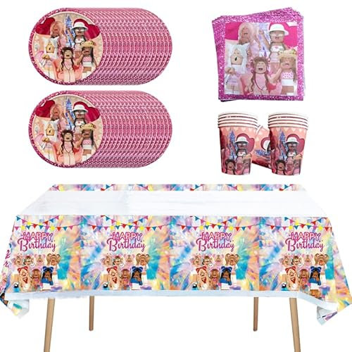 Doyomtoy 61 Piece Roblox Game Party Tableware Set for Children's Birthdays, Including Pink Paper Plates, Cups, Tablecloths and Napkins for up to 20 Guests!
