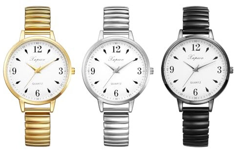JewelryWe Damenuhr Elastische Uhr Damen: 3er Set Klassische Einfache Analog Quarz Armbanduhr Frauen Edelstahl Stretch-Armband Dünne Uhr mit Zugarmband & großem runden Zifferblatt