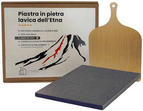 KIT PIETRA ANTIADERENTE LAVICA OLLARE ETNEA PER PIZZA 39 x 35 x 2 + PALA PER FORNO ELETTRICO A GAS E BARBECUE PER CARNE PESCE E VERDURE REFRATTARIA