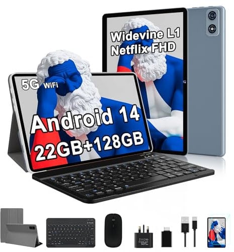 fezawio 2025 Newest 10 inch Android 14 Tablet|22GB RAM+128GB ROM|1TB Expandable|8000mAh|5G Wi-Fi|Widevine L1|Octa-Core|Keyboard-Mouse-Holster|Premium Entertainment & Light Office, Best Gift - Grey