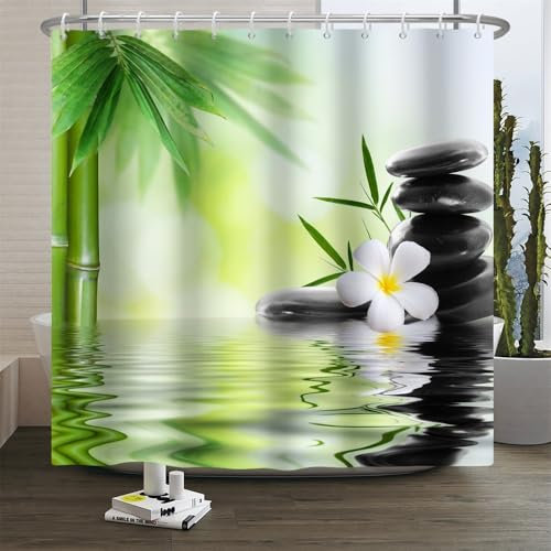 Xiaoterna Spa Duschvorhang Frühling Zen Meditation Garten Schimmel resistent Bad Vorhang Grüne Bambusblätter Schwarzer Stein Weiße Orchidee Wasser Maschinenwaschbar Stoff Duschvorhang 150x180cm
