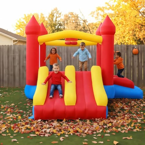 XINQIFUNOK Dual Slide Bounce House, Inflatable Bouncy Castle with Blower, 5in1 Indoor Outdoor Children's Bouncer Jumper Playhouse w/Basketball Rim and Carry Bag, for Kids 3-12 (12‘D x 10’W x 6.7‘H)