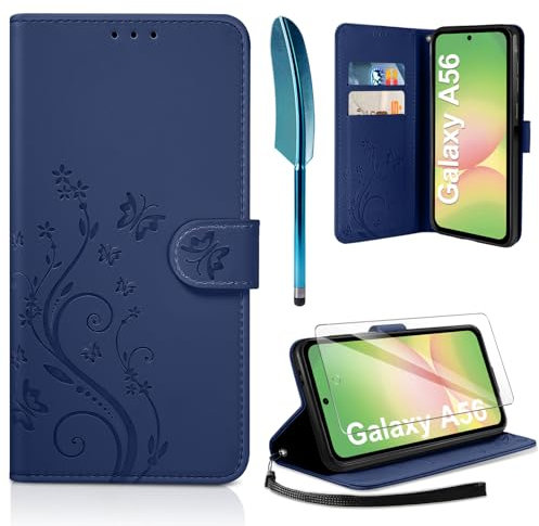 AROYI Lederhülle Kompatibel mit Samsung Galaxy A56 5G Hülle und Schutzfolie, Flip Wallet Handyhülle PU Leder Case Kartensteckplätzen Schutzhülle Kompatibel mit Samsung Galaxy A56 5G Dunkel Blau