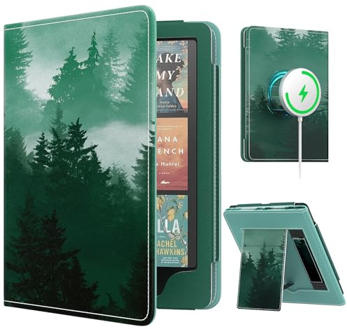 MoKo Étui Magnétique pour 7/6,8 Kindle Paperwhite Signature Edition(12e/11e Gén-2024/2022) et Kindle Colorsoft, Compatible avec iphone Magsafe for Samsung/Anker Wireless Charging, Forêt Verte