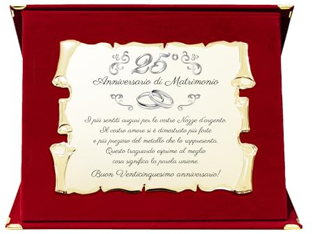 Placa para vigésimo quinto aniversario de boda | Felicitaciones 25 aniversario de boda | Regalo de boda de plata, pergamino dorado en estuche burdeos (rojo y dorado, 25)