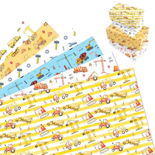 MORAINJAY 12 Bögen Construction Vehicle Geschenkpapier, Wrapping Paper Bulldozer, Excavator, Digger Birthday Gift Wrap for Boys, Construction Party Decorations for Kids 68 x 50cm