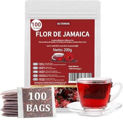 Flor de Jamaica | Infusión de Flor de Hibisco | Té de Hierbas | Flor de Hibisco Pura 100% Natural, sin cafeína ni aditivos (100 bolsas)