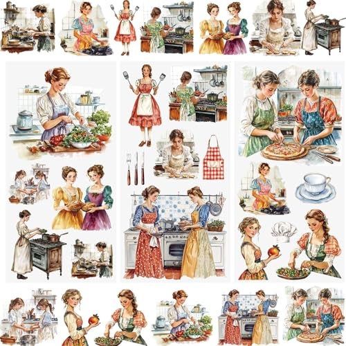 WANDIC 3 Bögen Cooking Girl Transferaufkleber, Scrapbook-Aufkleber, wasserdichte Aufkleber, DIY-Aufkleber zur Dekoration, 15 x 30 cm