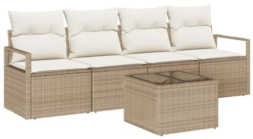 vidaXL 5-teiliges Gartensofa-Set mit Kissen in Beige und Weiß – Stylisches Poly Rattan Sitzmöbel für draußen, modulares Möbelstück für Terrasse, Garten und Lounge.