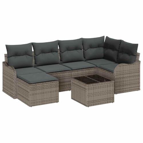 vidaXL Garten-Sofa-Set mit Kissen 7 pcs Grau Poly Rattan, Garten- und Terrassenset, rechteckig, modern, höhenverstellbare Füße, langlebig, UV-beständig, Lounge-Sofa