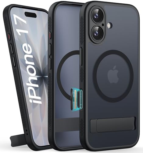 SIXBOX für iPhone 17 Hülle mit Ständer, Schwarz | Kamerasteuerung, Kompatibel mit MagSafe, Militär Schutzhülle, Stoßfeste Handyhülle, Silikon Magnetisch Case für iPhone 17