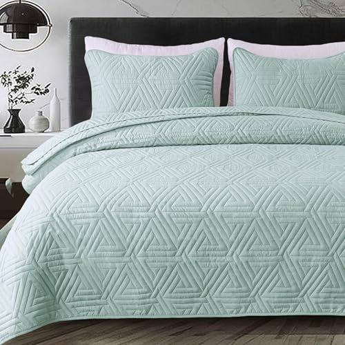 Whale Flotilla Tagesdecke Reversible 220x240 cm Mikrofaser Bettüberwurf | Weich, Leicht, Bedspread mit 2 Kissenbezüge, Sofaüberwurf, Steppdecke, Geomuster, Ganzjährige Bettwäsche für Bett, Grün
