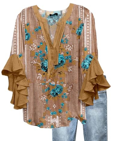 Blouses for Women UK V Neck Vintage Floral Print Ruffle 3/4 Sleeve Shirt Casual Loose Ladies Tops(Brown, XXL)