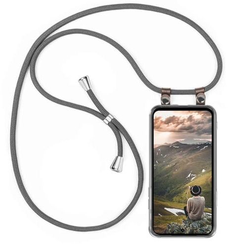 moex Handykette für Motorola Moto G56 5G Hülle mit Band abnehmbar, Handyhülle mit Kette zum Umhängen, Handyband 155 cm lang Stoff Kordel Umhängehülle, Handy Umhängeband, Grau