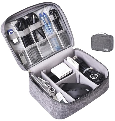 Compact Travel Electronics Organizer with Adjustable Compartments for Cables, Power Banks, and USB Drives - Gray