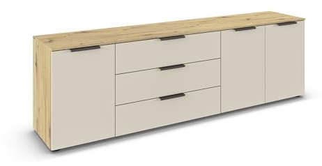 Rauch Möbel Flipp, Kommode, Farbe Beige/Eiche Artisan, Breite 199 cm | Sideboard, 3-türig, 3 Schubladen, Soft-Close-Funktion, für Schlafzimmer, Gästezimmer, Wohnzimmer, Garderobe, Flur