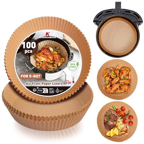 KitchenBoss 100pcs Airfryer Heißluftfritteuse Backpapier: Rund Air Fryer Baking Paper 20cm Papier für Antihaft Wasserdicht Ölfest Pergamentpapier Liner Air Fryer Zubehör für Ofen Mikrowelle Backen