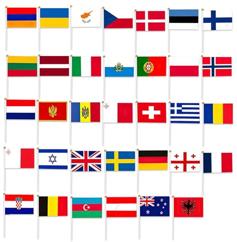 35 Stück Länder Euro Flagge Klein für Deko WM 2026, 35 Länder Doppelseitige Stoff Handgehaltene Flaggen, Klein Ländefähnchen mit 30cm Weißem Pole Party Dekoratione für Festivalfeierlichkeiten