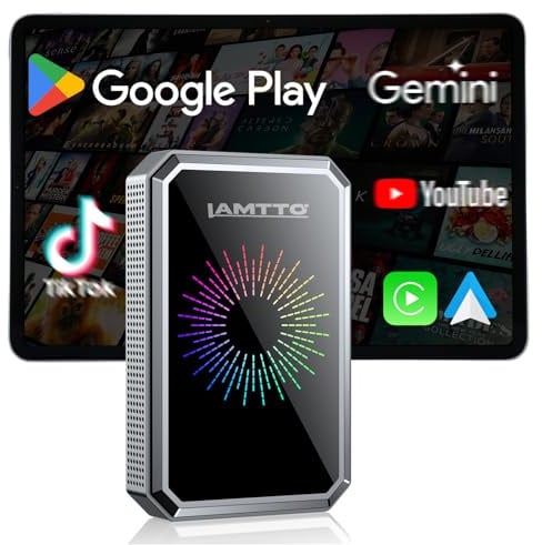 LAMTTO AI Box Wireless CarPlay con Google Play Store Download App Assistente Gemini AI, Android Auto con NetfIix YouTube HDMI AirPlay Riproduzione USB WiFi Dual Band e Bluetooth OTA | Per auto cablate CarPlay e Android con Gemini AI, Netflix/YouTube, HDMI/USB Media, AirPlay, Dual Bluetooth e OTA