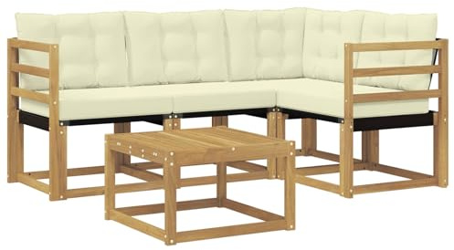 vidaXL Outdoor-Sofagarnitur mit Kissen 5 pcs Weiß und Creme, Garten-Sofa, Moderne Außenmöbel, langlebige Sitzgruppe, Bequeme Lounge, Akazien-Sitze, Entspannung im Garten
