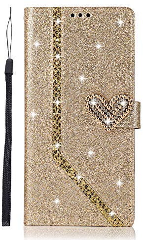 Unichthy iPhone 11 Case All Glitter for Girls Bling Love Heart 3D Gems Sparkle Shockproof Leather Wallet Flip Magnetic Protective Phone Case Folio Book Covers for iPhone 11 Gold