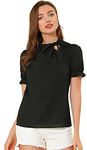 Allegra K Damen 50er Jahre Bluse mit Schleife Schluppenbluse Festliche Blusen Kurzarm Panel Fliege Hals Rüschen Elegant Top Schwarz XS