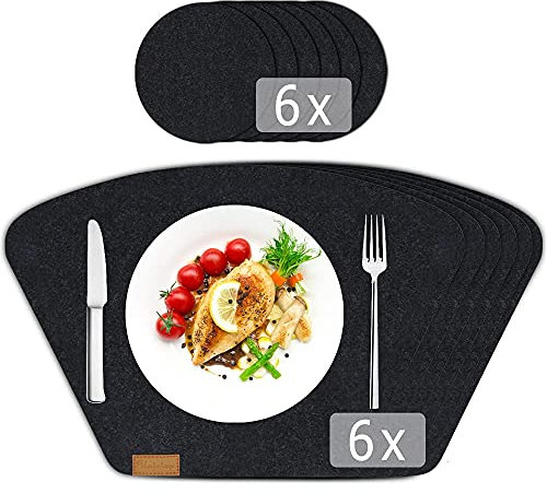 Tischset Filz 12er Set Platzset abwischbar 44x30 cm platzdeckchen Abwaschbar Hochwertige in Grau - 6er Tischuntersetzer Platzset + 6er Glas Untersetzer Set