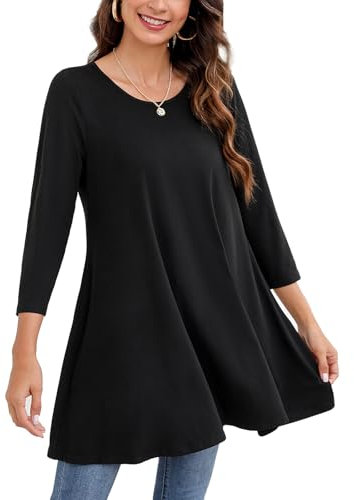 Enmain Black Tunic Top for Women Causal Long Sleeve Longline Blouse Swing Tunic Top Loose Blouse T Shirt Round Neck Stretch Comfortable Holiday XXL