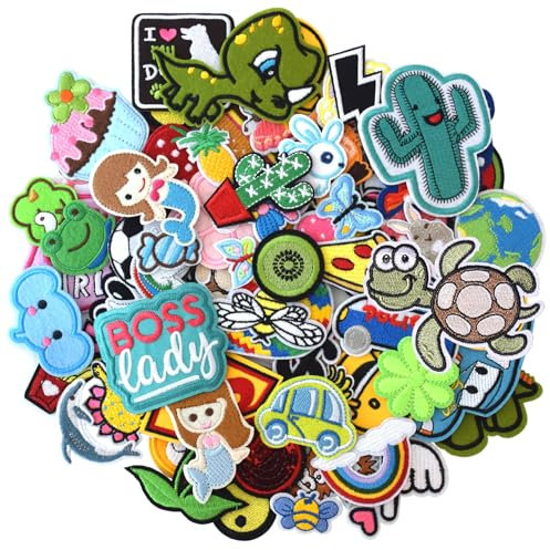 GYGYL 80 Stück zufällige Größe bestickte Aufnäher zum Aufbügeln, DIY-Applikation, Reparaturflicken zum Aufnähen/Aufbügeln für Jacken, Jeans, Hosen, Rucksäcke, Kleidung