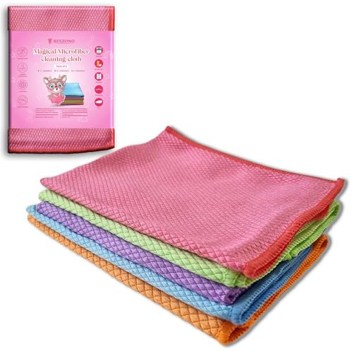 REXZONO Pack of 5 Assorted Size - Streak Free Lint Free Cleaning Cloths with Hanging Loop, Nanoscale Microfibre Magic Cloth for Cleaning Shower Glass, Dishes, Windows, Mirrors,Car,Stainless Steel