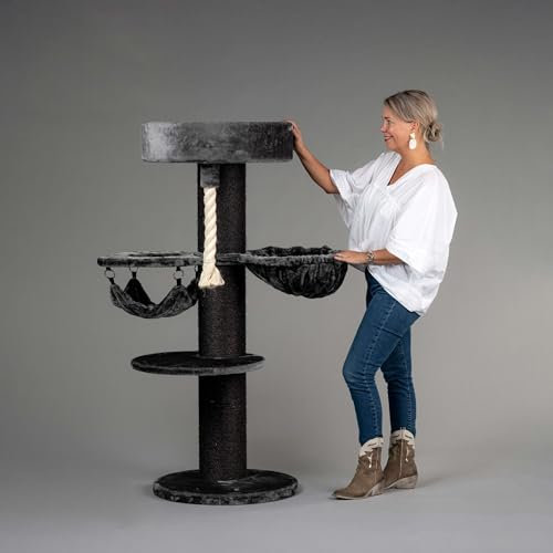 RHRQuality Kratzbaum für große Katzen – Maine Coon Sleeper Crown Plus – 150 cm hoch – mit extra dicken 20 cm Sisalstämmen – Blackline Dunkelgrau