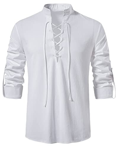 YAOHUOLE Mens Classic Linen Henley Shirt Hippie Cosplay Gothic Stage Shirt White M