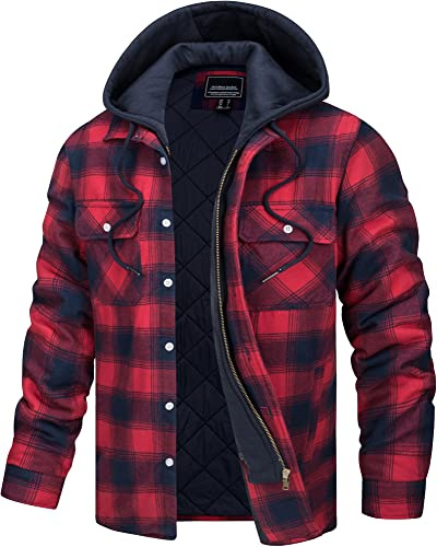 TACVASEN Herren Kariert Hemdjacke Gefüttert Holzfällerhemd Flanellhemd Übergangsjacke Freizeithemden mit Abtrennbare Kapuze