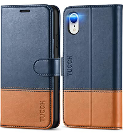 TUCCH Hülle für iPhone XR, Klappbare Handyhülle RFID Blocker Schutzhülle [Schützt vor Stößen] [Magnet] [Kartenfach] [TPU] Lederhülle Lederhülle Cover für iPhone XR (6,1) Blau-Braun