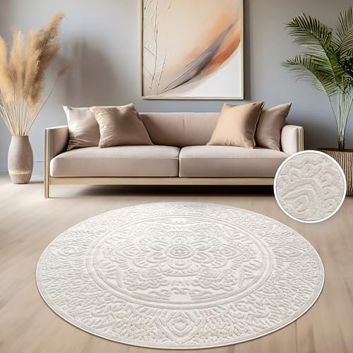 Paco Home Teppich In- & Outdoor, Moderne abstrakte Boho Designs mit 3D Struktur, robust & wetterfest, ideal für Terrasse Wohnzimmer & Küche, Grösse:120 cm Rund, Farbe:Creme 3