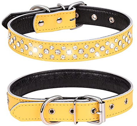 Haoyueer Hundehalsband mit Strasssteinen, verstellbar, glitzernde Kristallnieten, echtes Leder, Haustier-Hundehalsband für kleine und mittelgroße Hunde (M, Gelb)