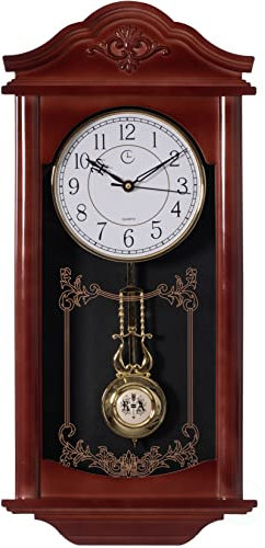 Quickway Imports Vintage Grandfather Wood - Looking Plastic Antique Pendulum Wall Clock for Living Room Decor, Kitchen, Office, Or Dining Room, Silent Wall Mount Battery-Operated, Large Brown