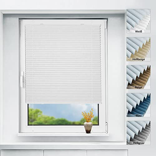 Plissee ohne Bohren verdunkelung Klemmfix, Thermo Plisseerollo Weiß @ 60x130cm (BxH), Verdunklungsplissee mit Klemmträger, Sichtschutz und Sonnenschutz, 100% Blickdicht Rollos für Fenster & Tür